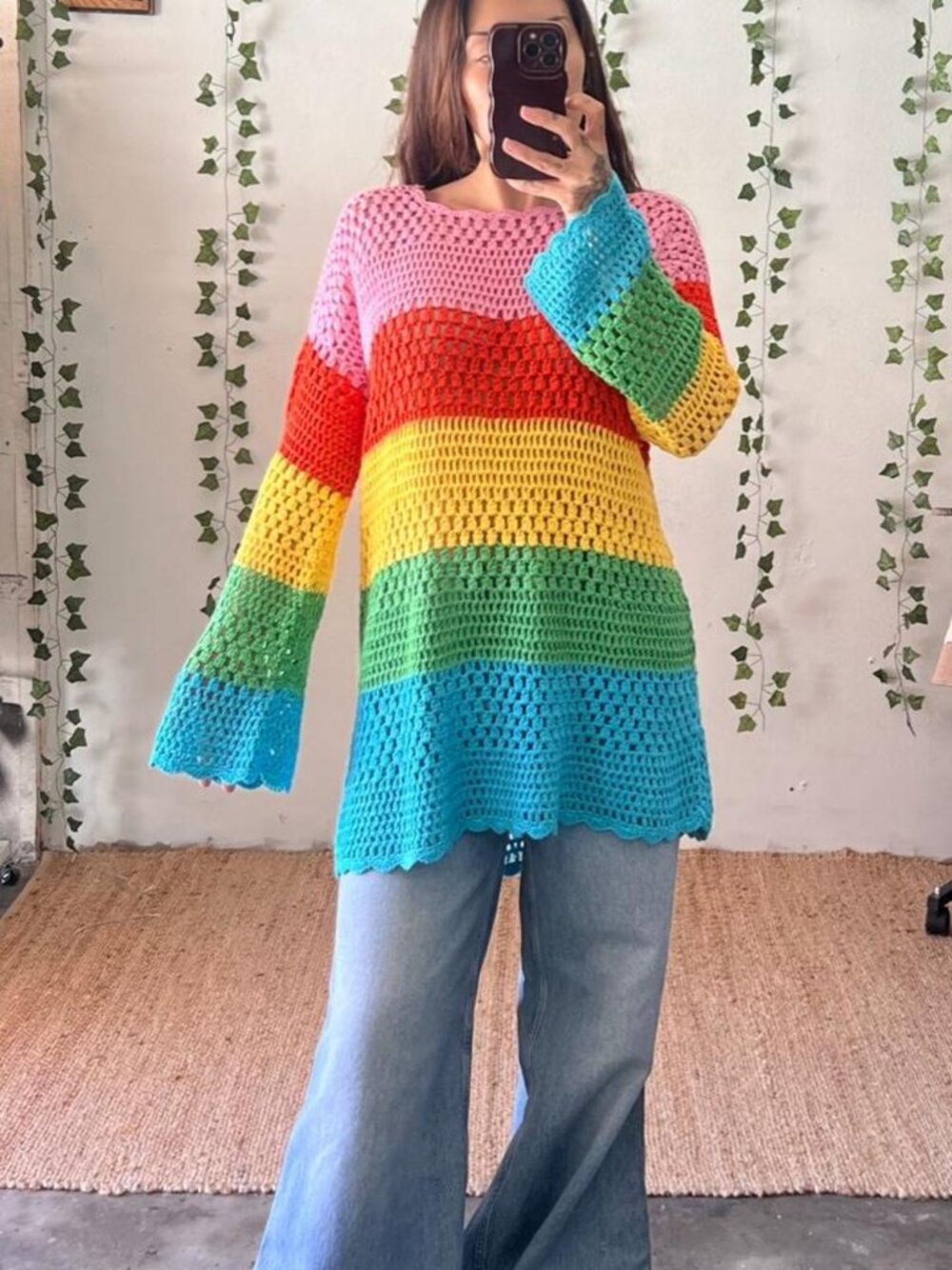 Show Me Your Mumu Paula Pullover in a bold multicolor crochet knit size S